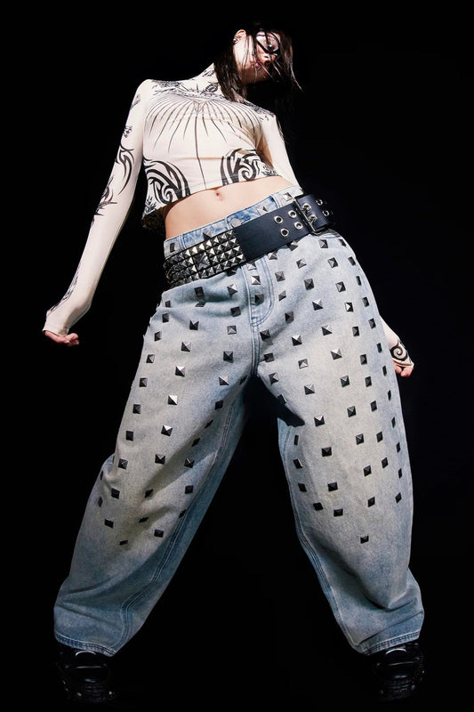 Low Rise Stud Detail Wide Leg Jean