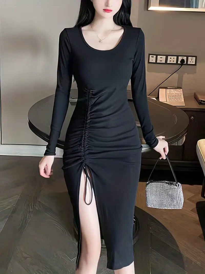 Black Long Sleeve Drawstring Dress