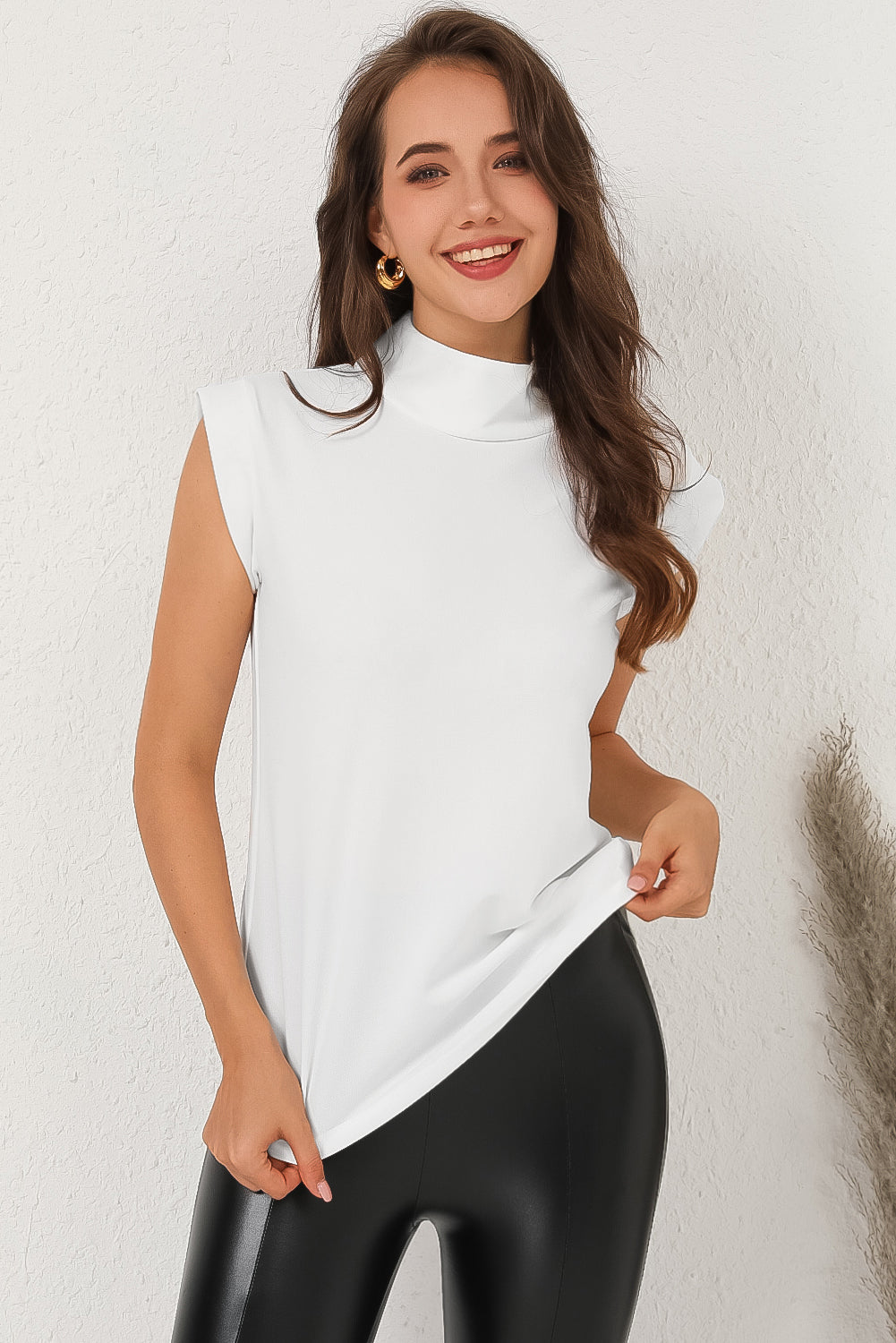 White Mock Sleeveless Solid Neck Top