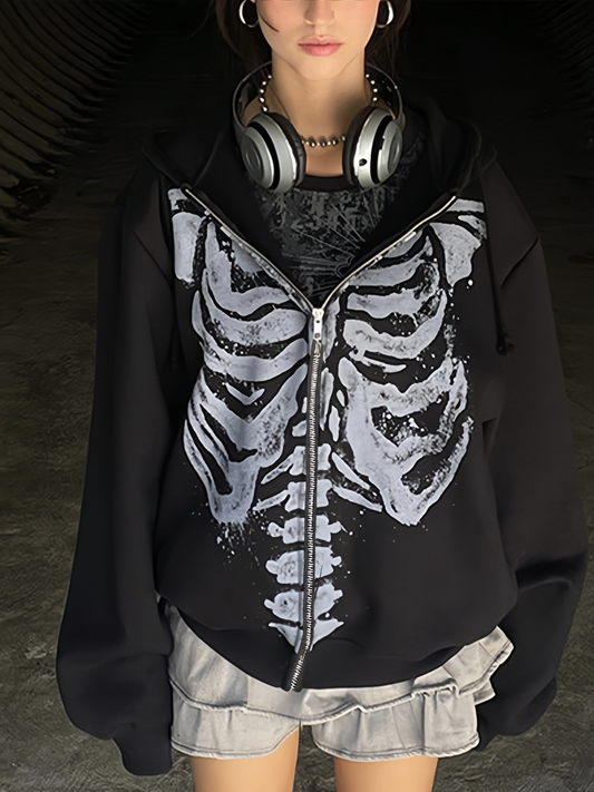 Cosybreezee - Vintage Black Oversized Hoodie with Skeleton Print