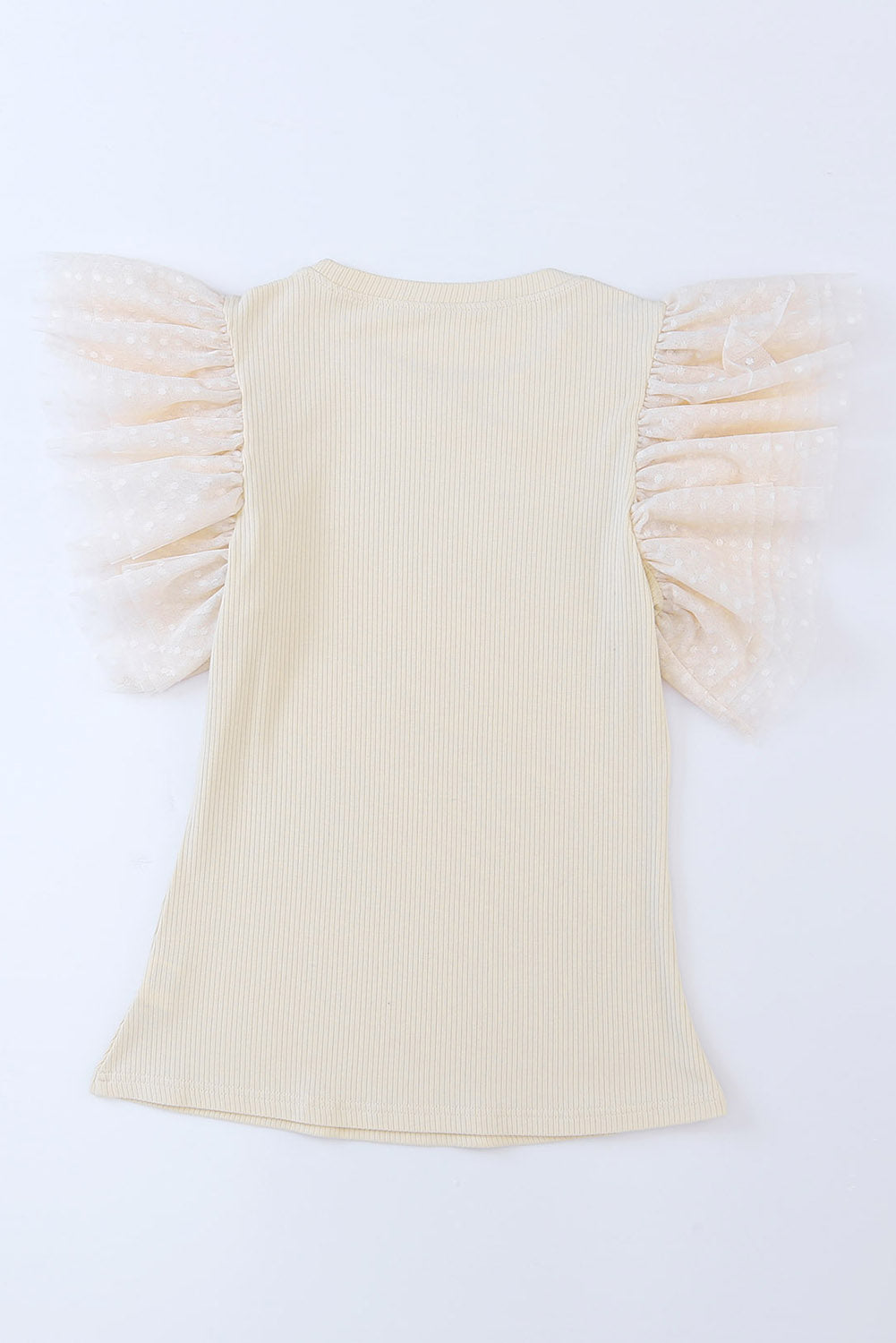 Apricot Ruffle Mesh Ribbed Knit Arm Top