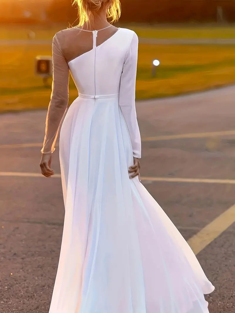 White One Shoulder Chiffon Maxi Dress with Long Sleeve and Slit