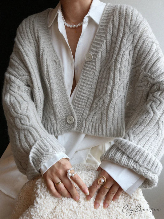Cable Knit Graceful Crop Cardigan Light Grey / S