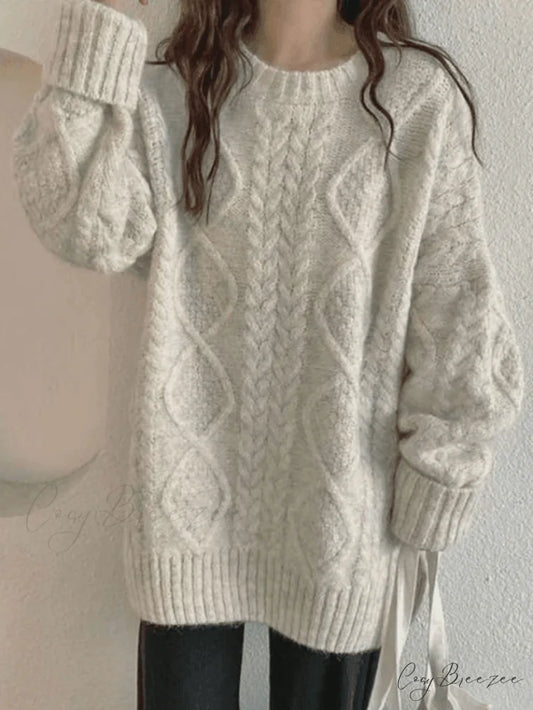 Cable Knit Graceful Cropped Sweater Beige / ONE SIZE