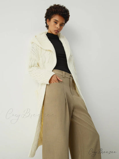 Cable Knit Graceful Hooded Longline Cardigan