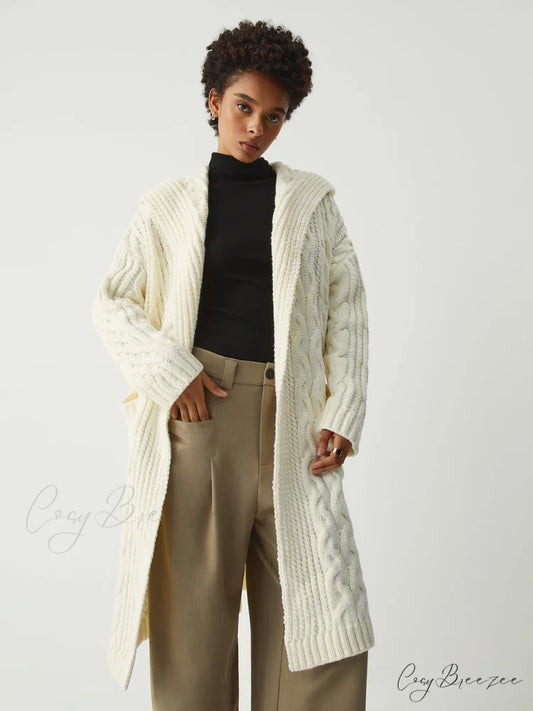 Cable Knit Graceful Hooded Longline Cardigan Off-White / S