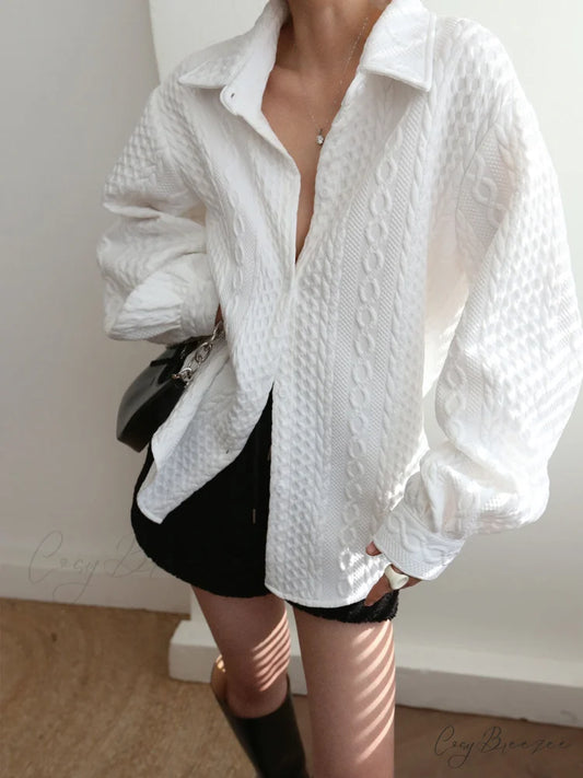 Cable Knit Graceful Oversized Shirt White / XS