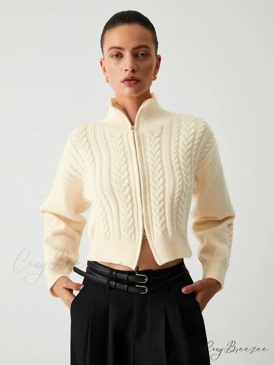 Cable Knit Two Trendy Way Zip Crop Cardigan Apricot / S