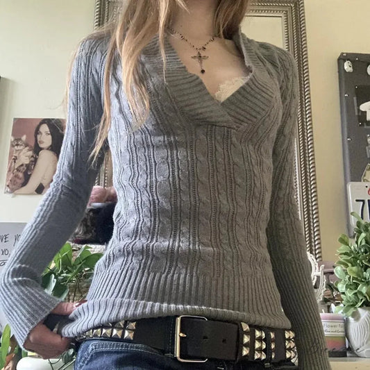 Cable Knitted Slim Fit Hooded V-Neck Long Sleeve Crop Top GRAY / S knittop-250126