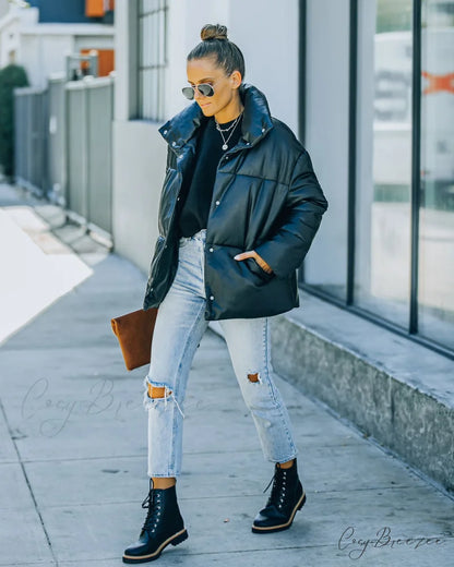Cade Faux Leather Puffer Jacket - Black