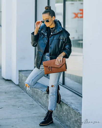 Cade Faux Leather Puffer Jacket - Black