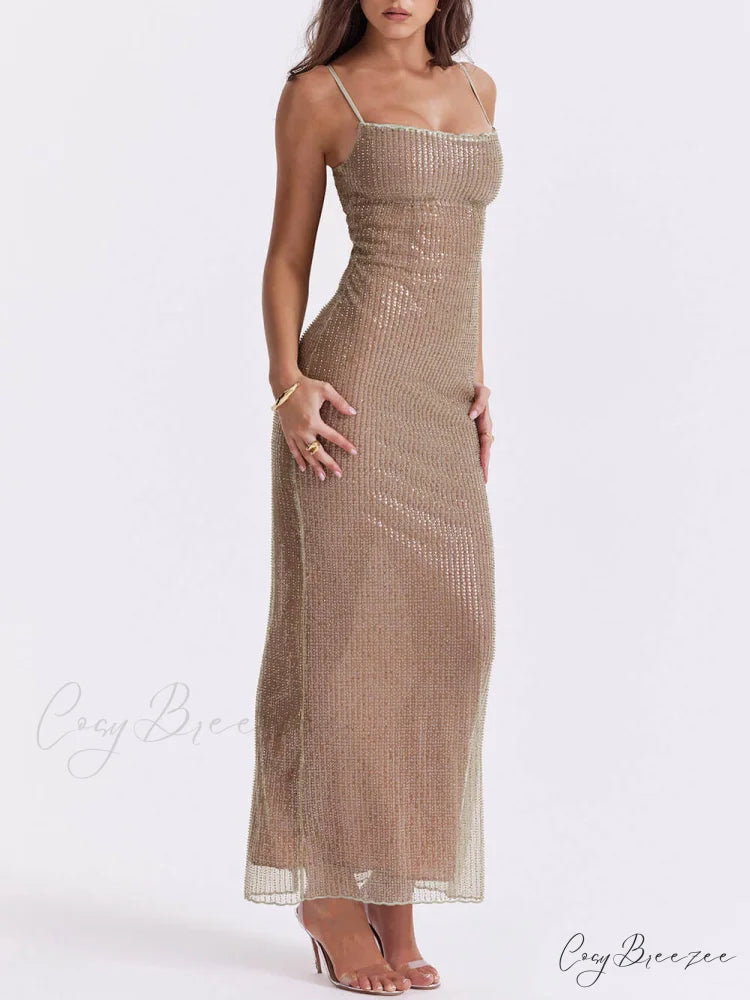 Cafe Au Lait Charming Beaded Maxi Dress