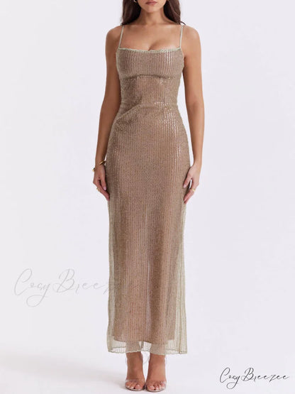 Cafe Au Lait Charming Beaded Maxi Dress
