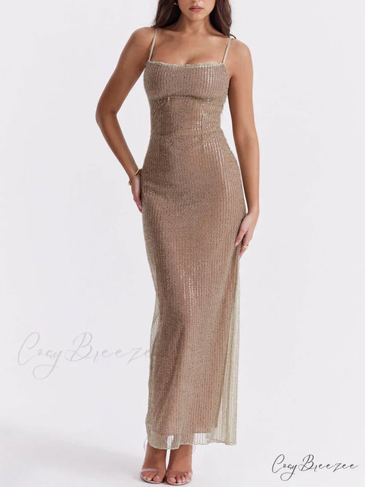 Cafe Au Lait Charming Beaded Maxi Dress Brown / S