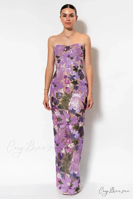 Calista Sequin Graceful Embroidered Maxi Dress Lavender / XS