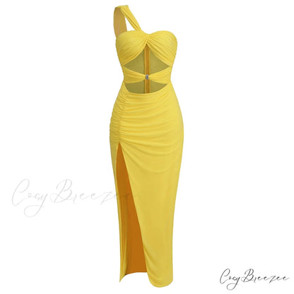 CALLISTO ONE Stylish SHOULDER MAXI DRESS Yellow / XS