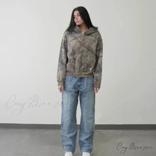 Camo Pattern Zipper Streetwear Hoodie brown / S hoodies-241228