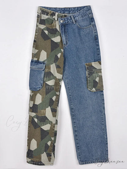 Camouflage Denim Graceful Patchwork Pants