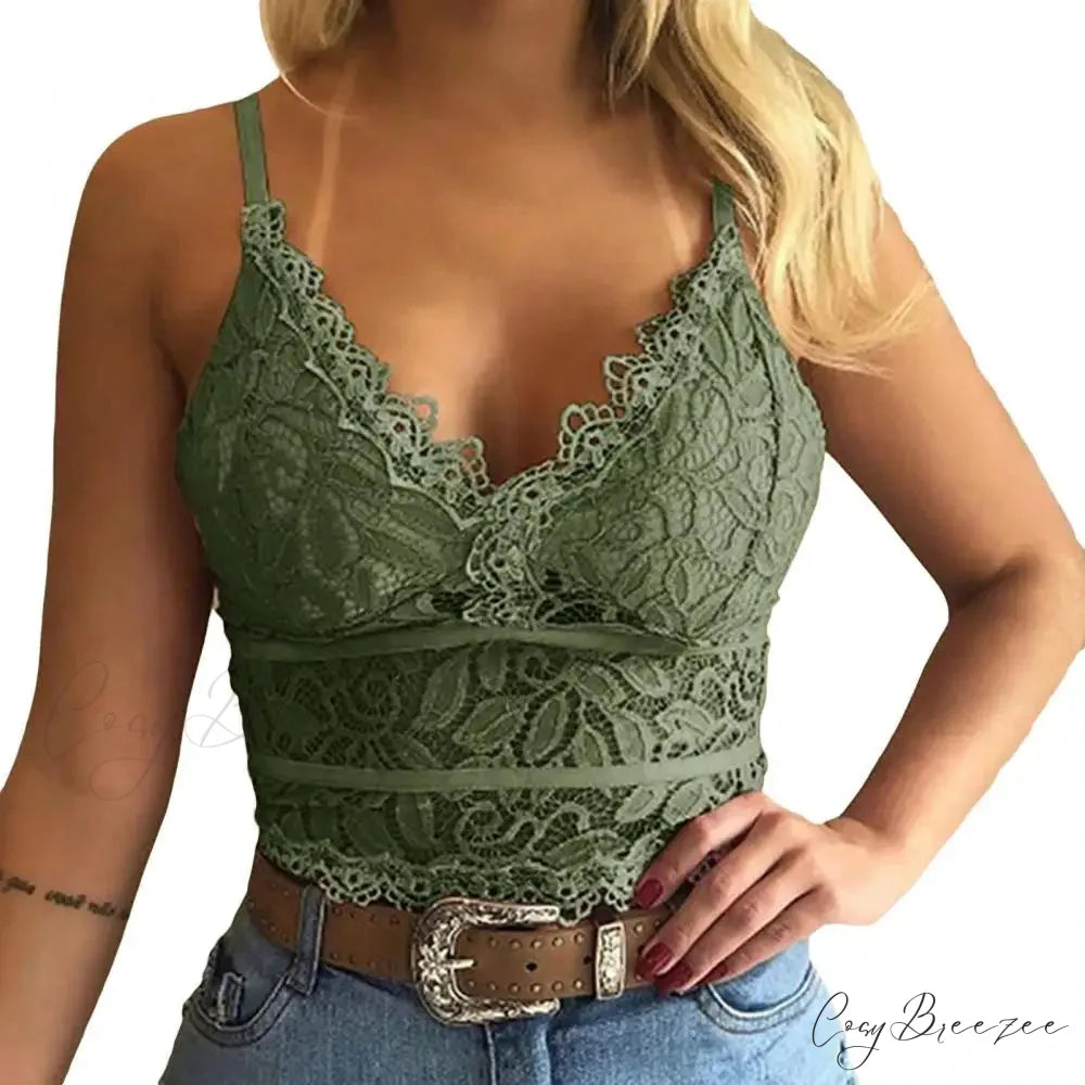 Candy Color Lace V-Neck Camisole Plus Size Bralette Vest Green / S croptop-250126