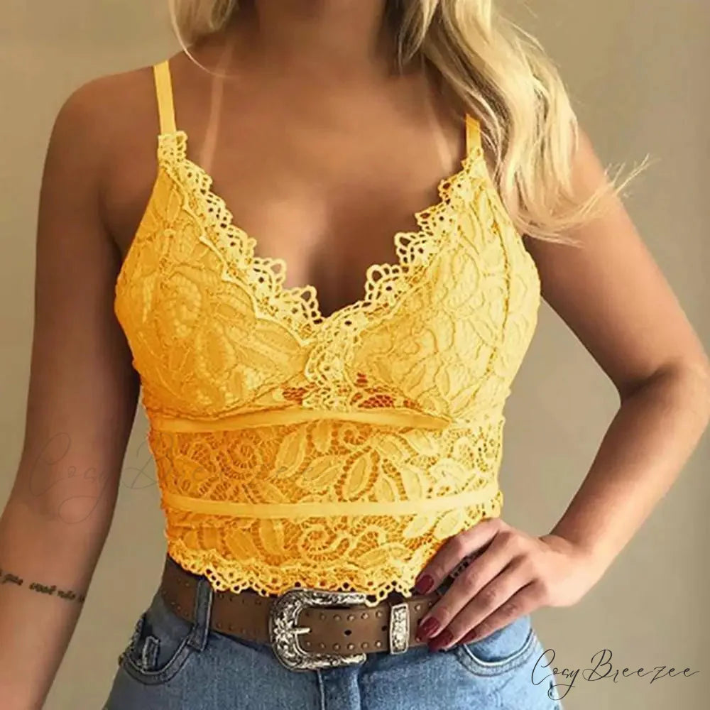 Candy Color Lace V-Neck Camisole Plus Size Bralette Vest Yellow / S croptop-250126
