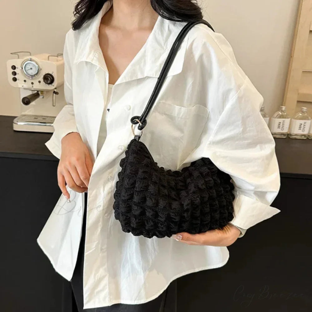 Canvas Pleated Shoulder Quilted Tote Bag shoulder-250126