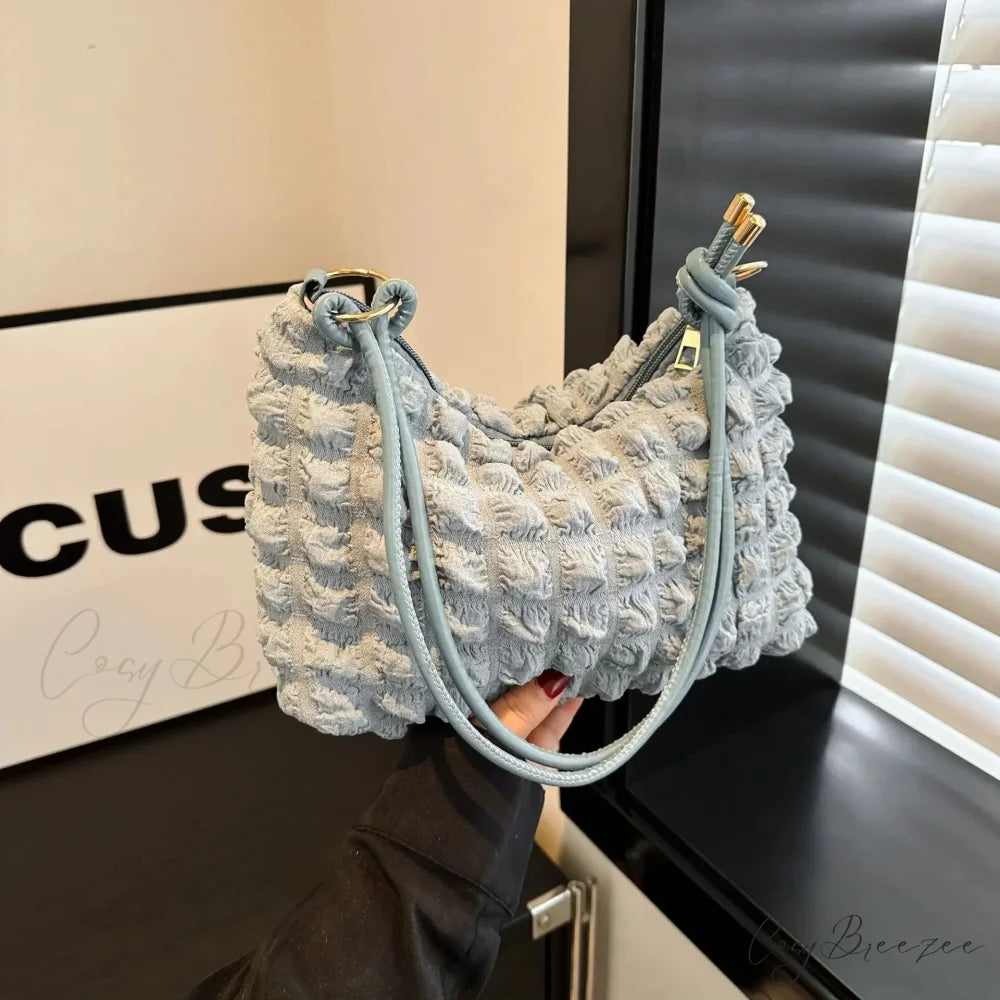 Canvas Pleated Shoulder Quilted Tote Bag Blue shoulder-250126