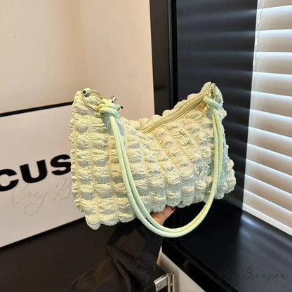 Canvas Pleated Shoulder Quilted Tote Bag Green shoulder-250126