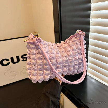 Canvas Pleated Shoulder Quilted Tote Bag Pink shoulder-250126