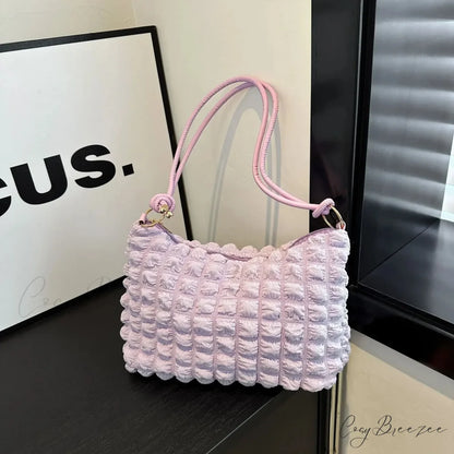 Canvas Pleated Shoulder Quilted Tote Bag Purple shoulder-250126