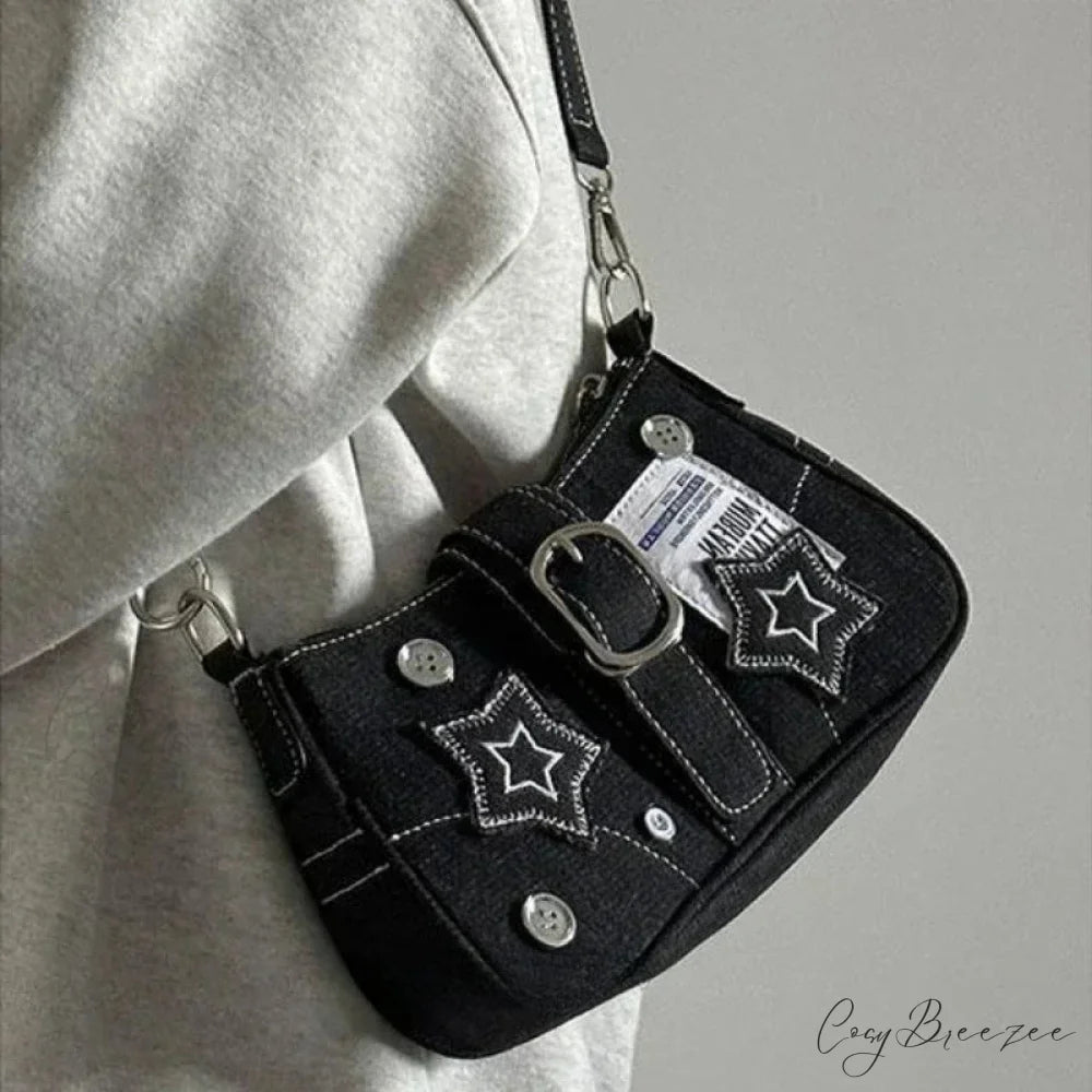 Canvas Y2K Stars Pattern Crossbody Black (25X13X7 CM) crossbody-250126