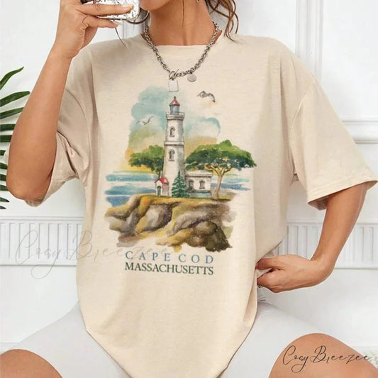 Cape Cod Massachusetts Travel Print Tee Khaki / S t-shirt-250223