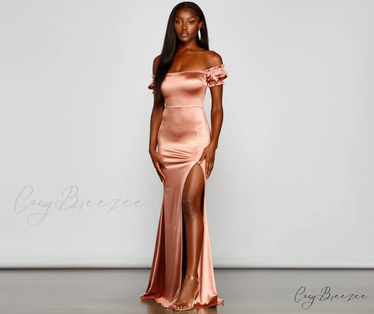Capri Formal High Charming Slit Satin Dress ROSE GOLD / XS