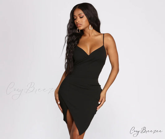 Captivate Me Asymmetric Charming Crepe Mini Dress BLACK / XS
