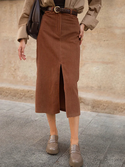 Caramel Corduroy Graceful Slit Midi Skirt