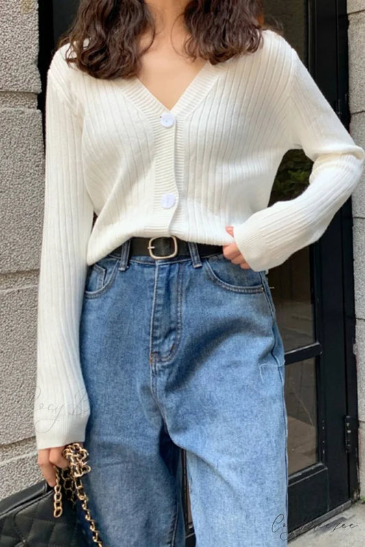 Cardigan Button with Ribbed V-neckline White / One Size
