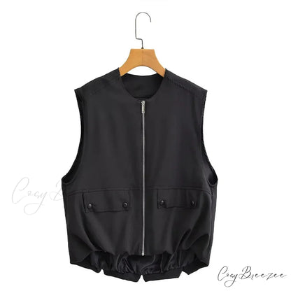 Cargo Pocket Stylish Drawstring Waistcoat black / XS