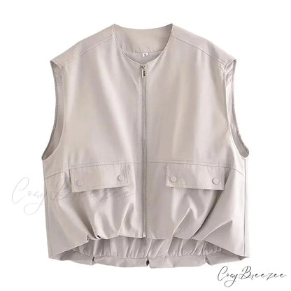 Cargo Pocket Stylish Drawstring Waistcoat grey / XS