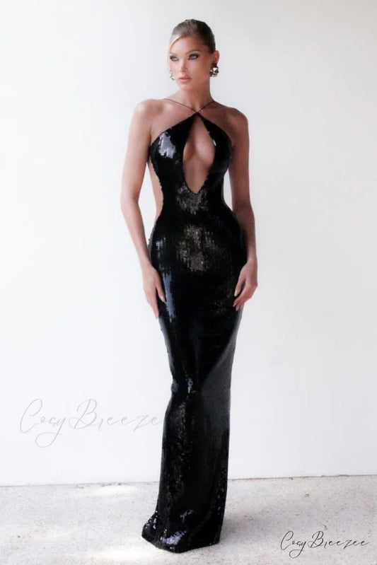 Caroline Sequin Graceful Backless Maxi Dress Black / XS