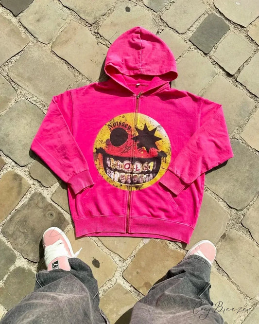 Cartoon Pattern Zipper Hoodie pink 1 / M hoodies-241228