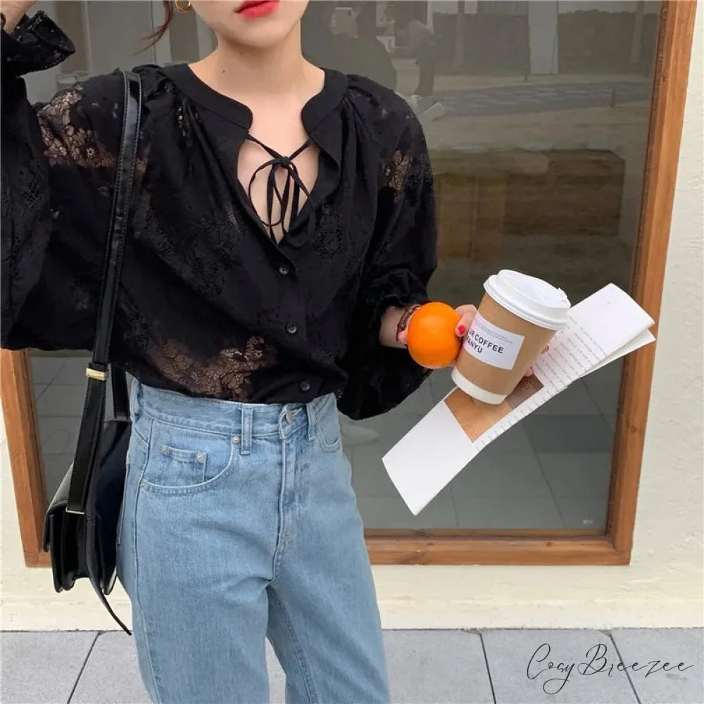 Carved Puffy Long Sleeve Lace Feminine Blouse blouse-250126