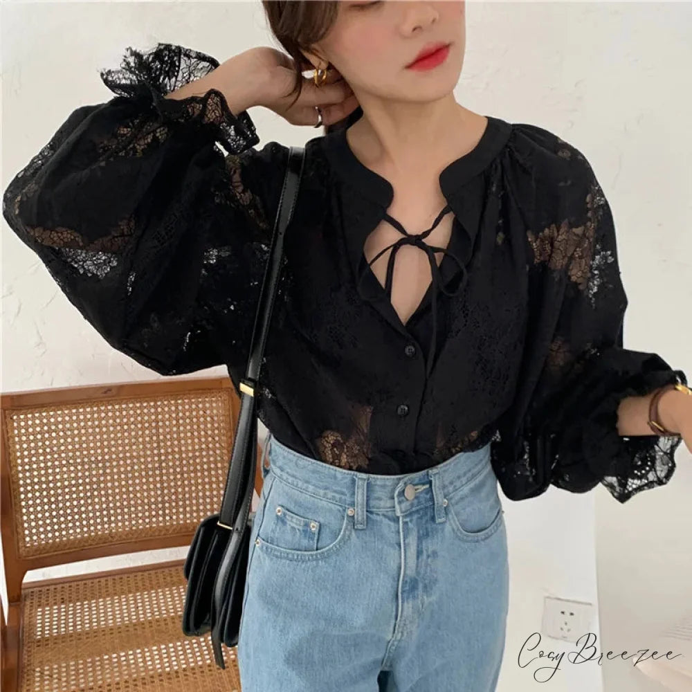 Carved Puffy Long Sleeve Lace Feminine Blouse Black / S blouse-250126