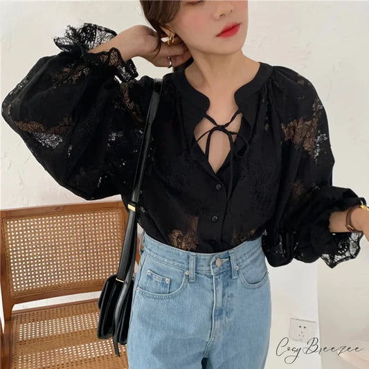 Carved Puffy Long Sleeve Lace Feminine Blouse Black / S blouse-250126