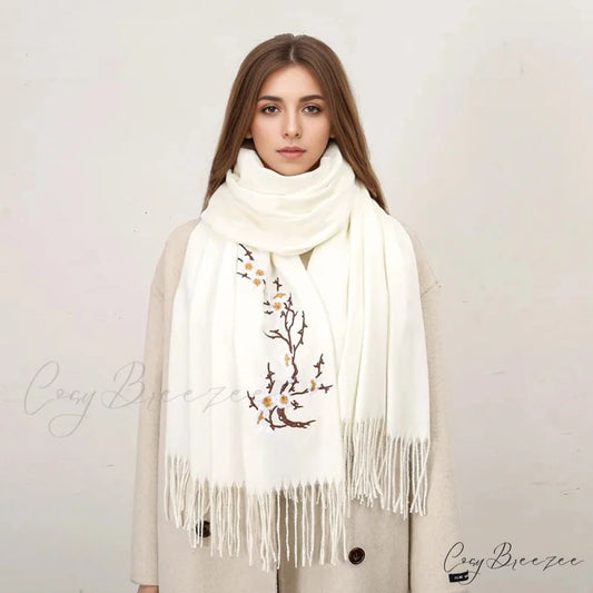 Cashmere Winter Flower Pashmina Shawl with Tassels