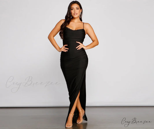 Cassandra Cowl Neck Charming Ruched Formal Dress BLACK / XS