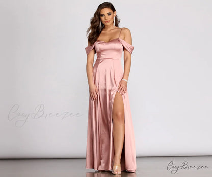 Cassia Lace-Up Back Charming Off Shoulder Satin Dress
