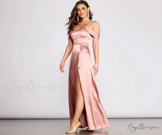 Cassia Lace-Up Back Charming Off Shoulder Satin Dress ROSE / 3