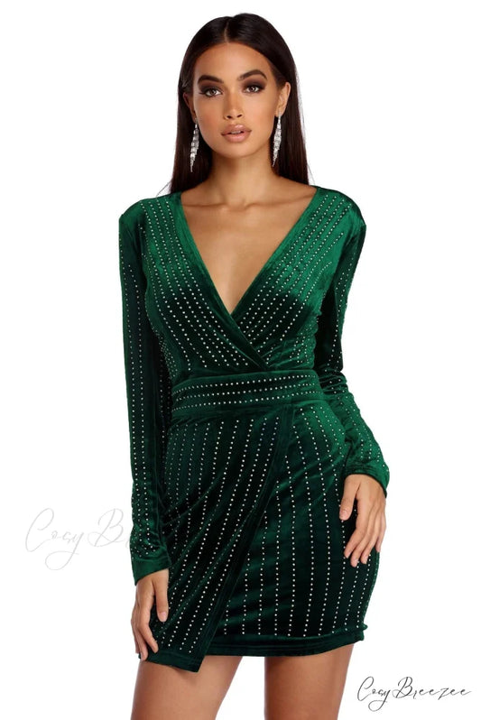 Cassie Velvet Stylish Wrap Dress EMERALD / S