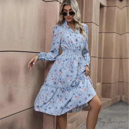 Casual A-line V-neck Floral Dress oldfloraldress-250126