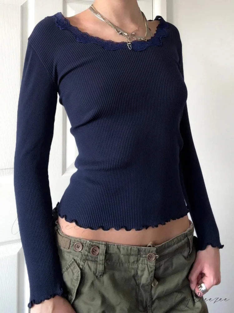 Casual Basic Lace Trim Slim Patchwork O-Neck Knit Top Blue / S knittop-250126