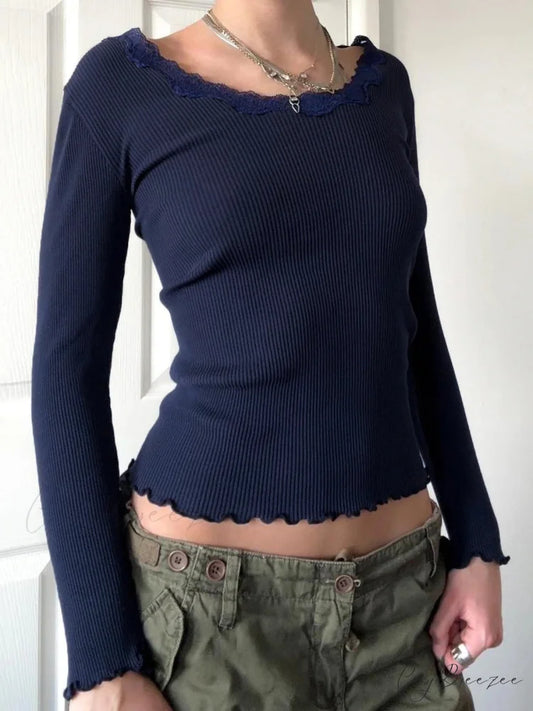 Casual Basic Lace Trim Slim Patchwork O-Neck Knit Top Blue / S knittop-250126